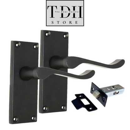 Matt Black Victorian Scroll  Lever Latch Door Handle, Including Tubular Latch, 4 Pairs
