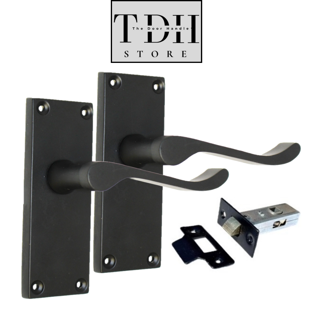 Matt Black Victorian Scroll Door Handle Lever Latch, Including Tubular Latchx4.a