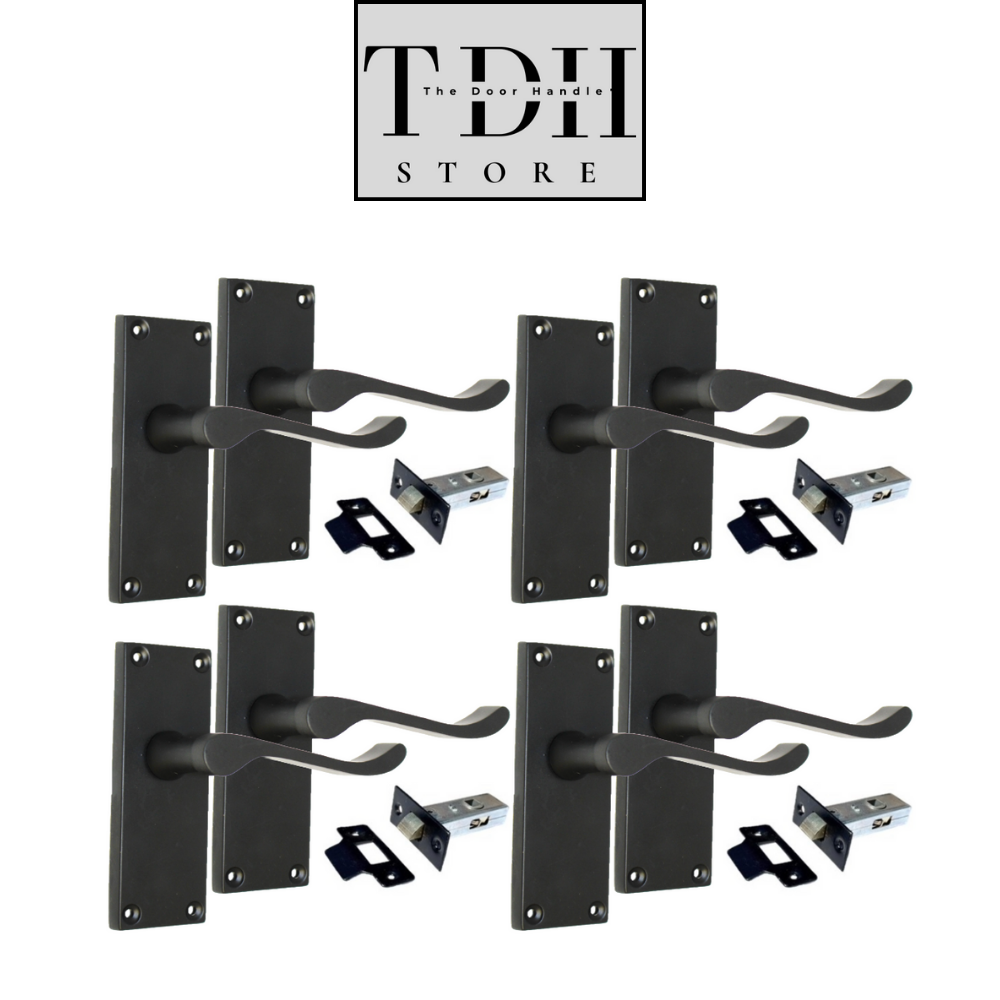 Matt Black Victorian Scroll  Lever Latch Door Handle, Including Tubular Latch, 4 Pairs