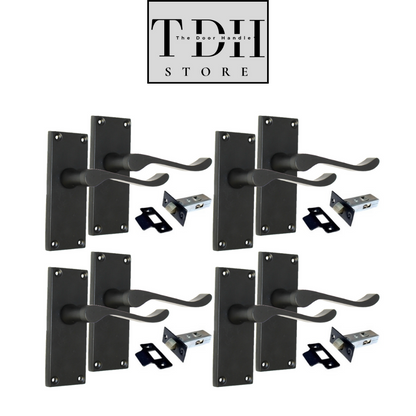Matt Black Victorian Scroll  Lever Latch Door Handle, Including Tubular Latch, 4 Pairs