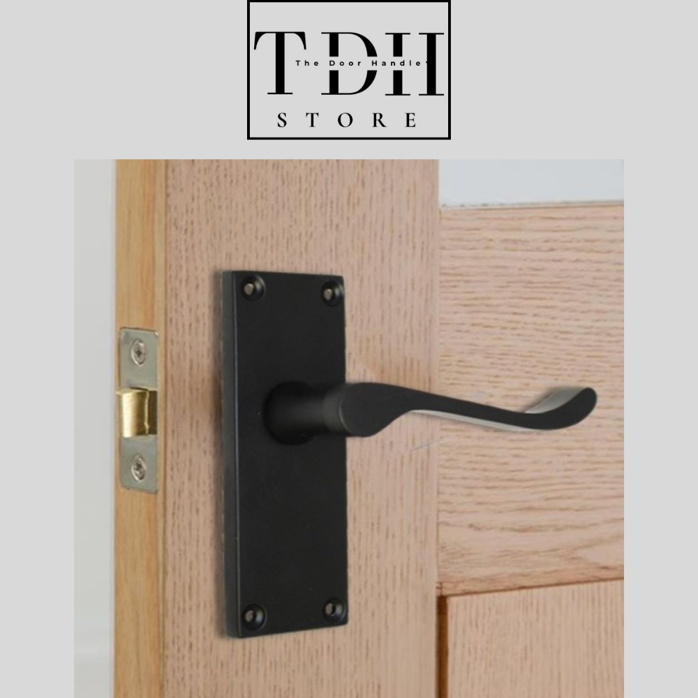 Matt Black Victorian Scroll  Lever Latch Door Handle, Including Tubular Latch, 4 Pairs