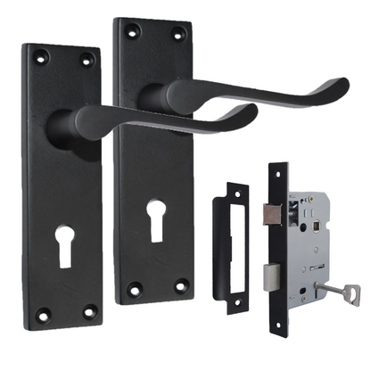 Door Handles Matt Black Finish Victorian Scroll Lock, Lever Lock & Keys.1
