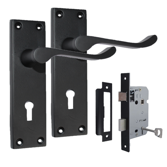 Door Handles Matt Black Finish Victorian Scroll Lock, Lever Lock & Keys