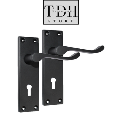 Door Handles Matt Black Finish Victorian Scroll Lock, Lever Lock & Keys.1