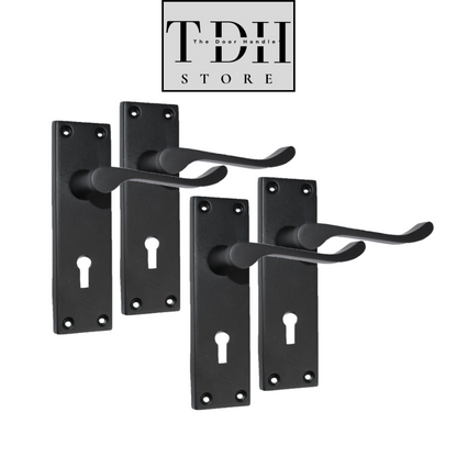 Door Handles Matt Black Finish Victorian Scroll Lock, Lever Lock & Keys.1