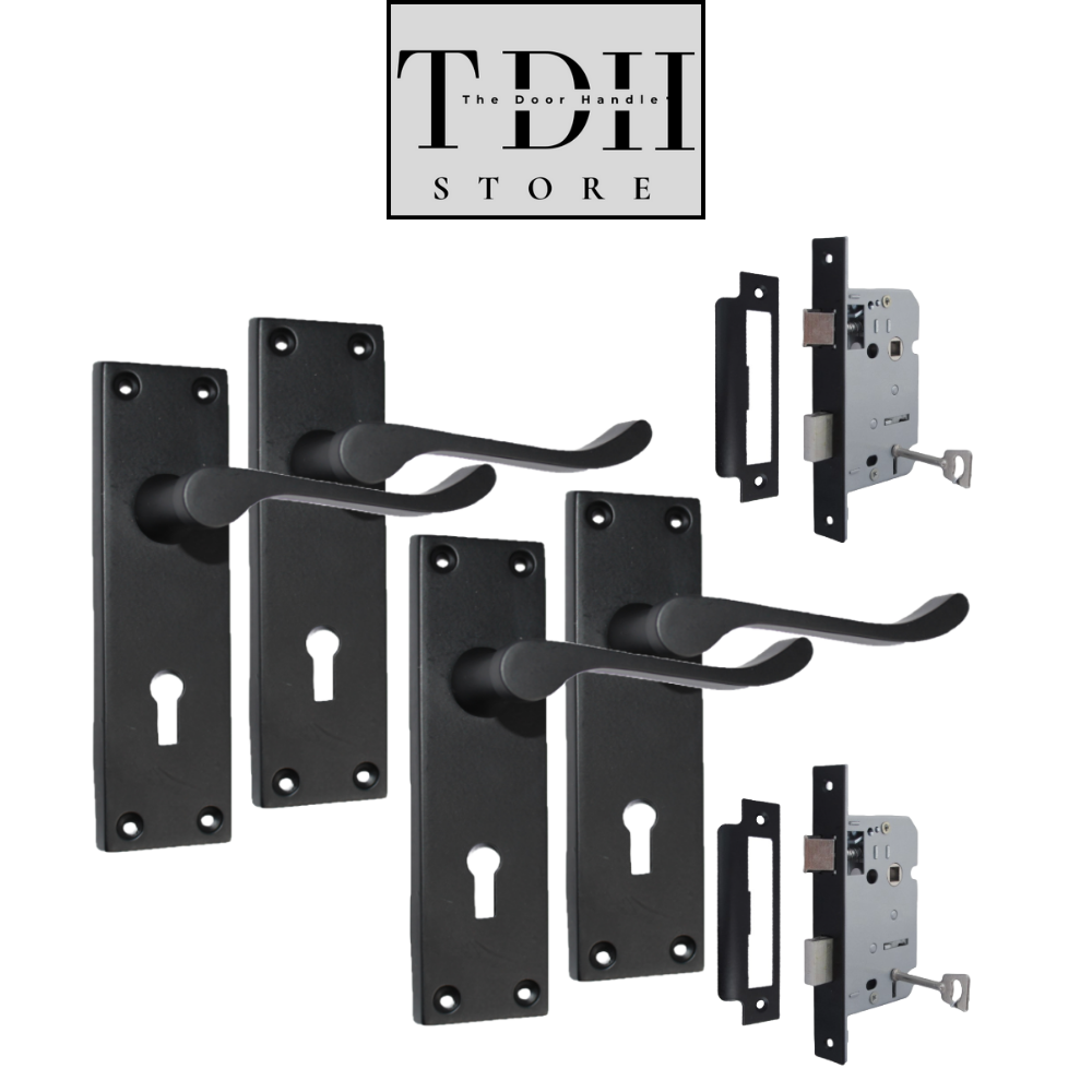 Door Handles Matt Black Finish Victorian Scroll Lock, Lever Lock & Keys.1