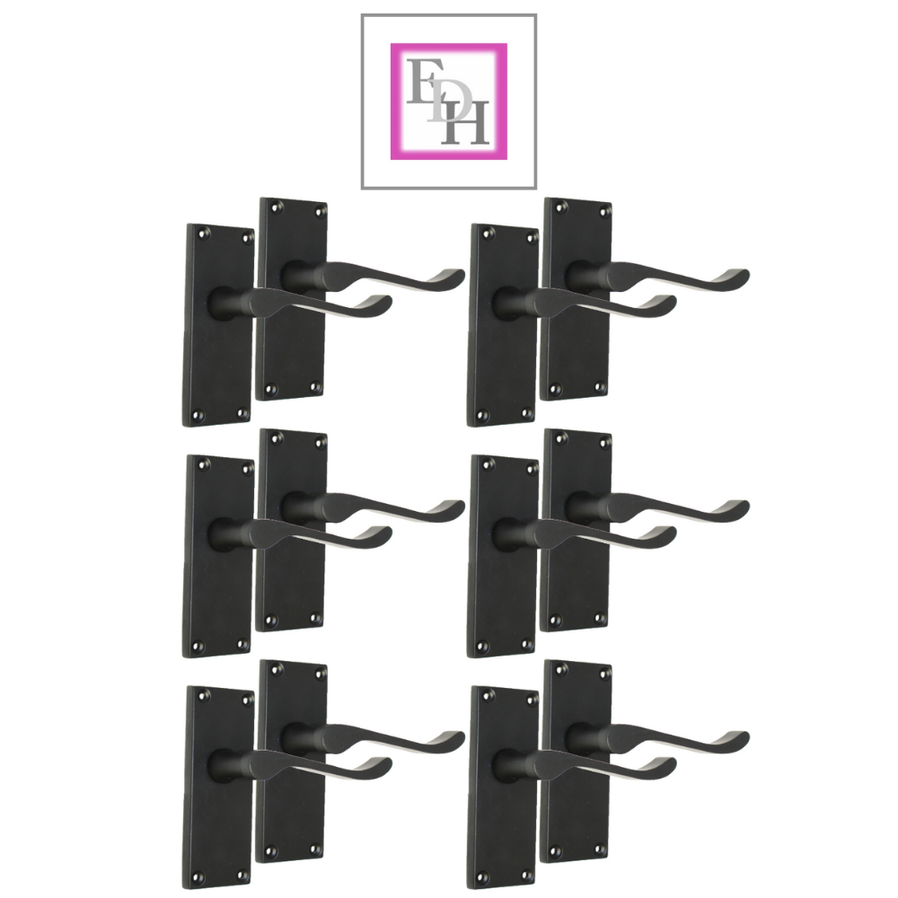 Matt Black Victorian Scroll Door Handle Lever Latch, Including Tubular Latch 6 Pairs