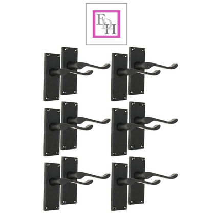 Matt Black Victorian Scroll Door Handle Lever Latch, Including Tubular Latch 6 Pairs