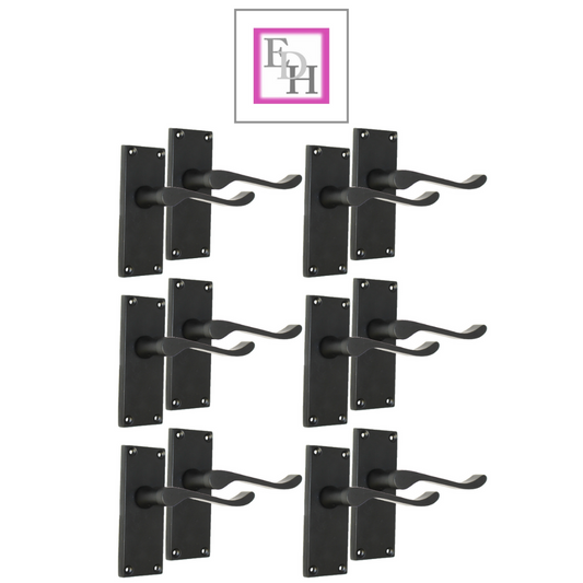 Matt Black Victorian Scroll Door Handle Lever Latch, Including Tubular Latchx6.6