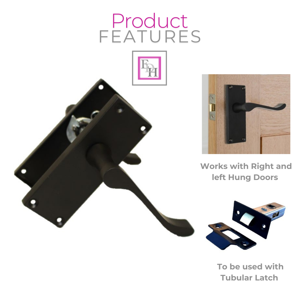 Matt Black Victorian Scroll Door Handle Lever Latch, Including Tubular Latchx6.6
