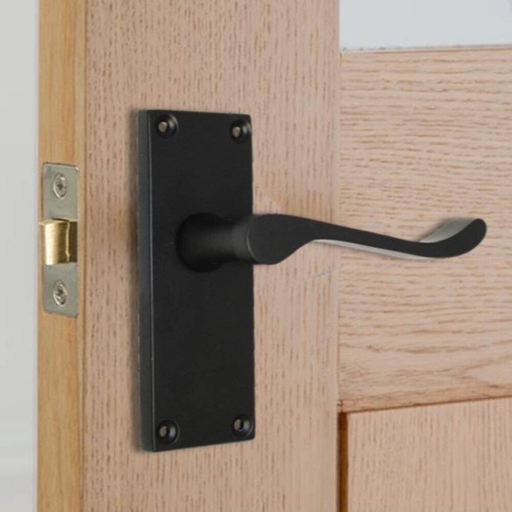 Matt Black Victorian Scroll Door Handle Lever Latch, Including Tubular Latchx6.6