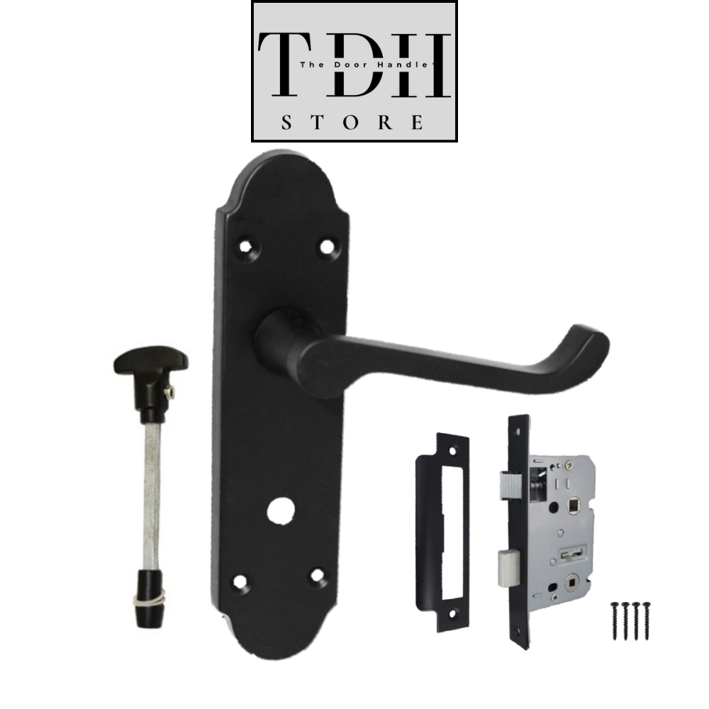 Matt Black Bathroom Door Handles With Sash Lock - Victorian Scroll Door Pack