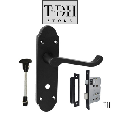 Matt Black Bathroom Door Handles With Sash Lock - Victorian Scroll Door Pack