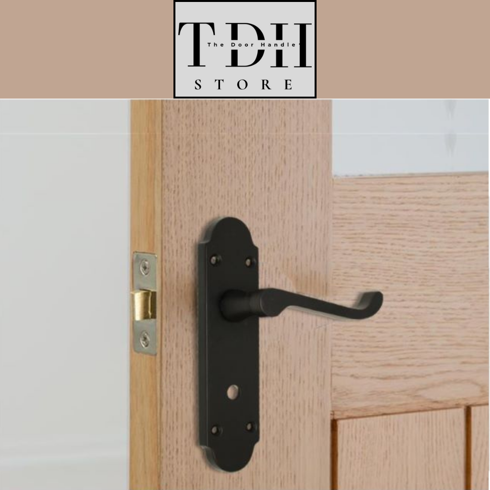 Matt Black Bathroom Door Handles With Sash Lock - Victorian Scroll Door Pack