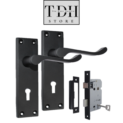 Matt Black Bathroom Door Handles With Sash Lock - Victorian Scroll Door Pack