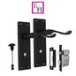 Matt Black Modern Victorian Scroll Bathroom Door Handles and Bath Lock - 1 Pair