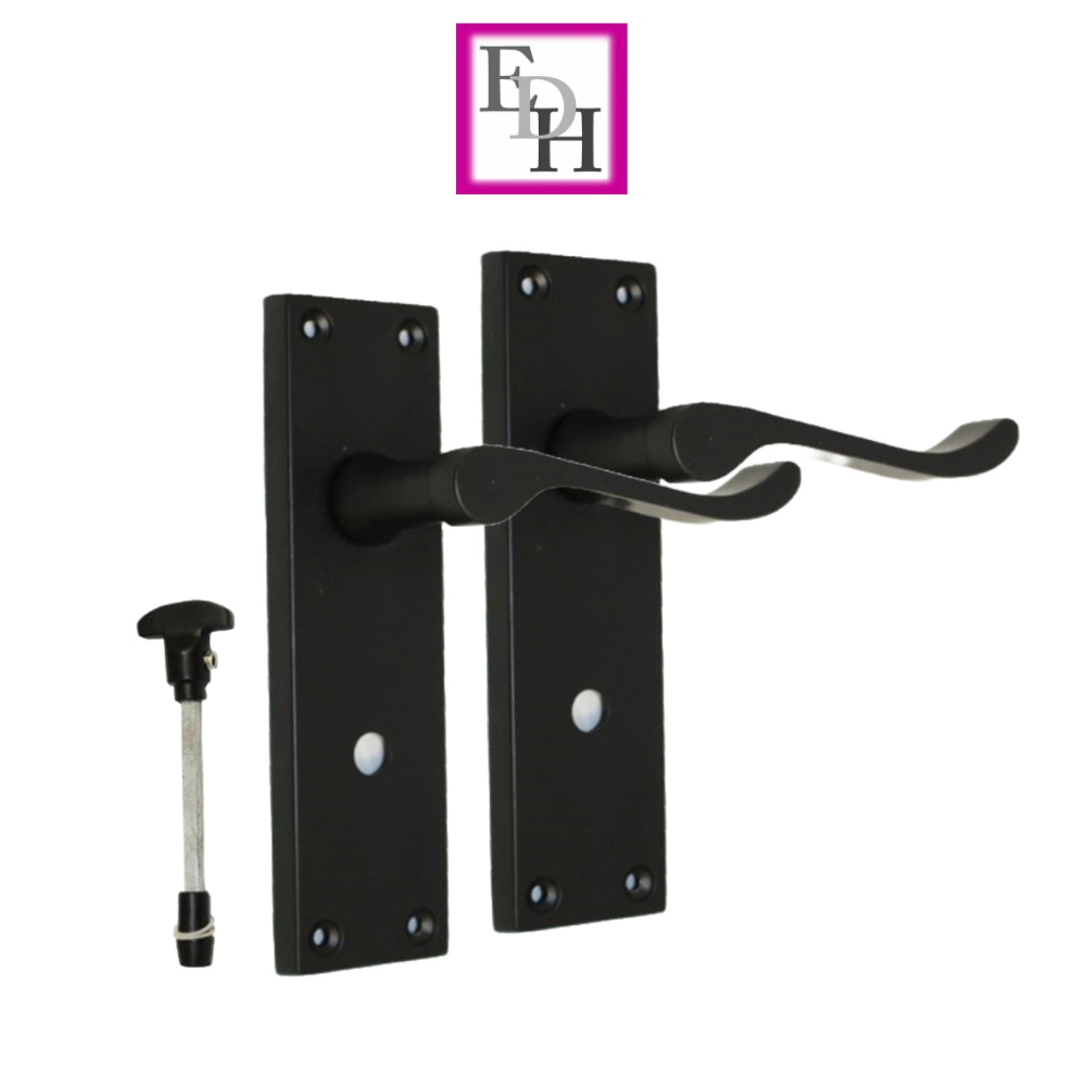 Matt Black Modern Victorian Scroll Bathroom Door Handles and Bath Lock - 1 Pair
