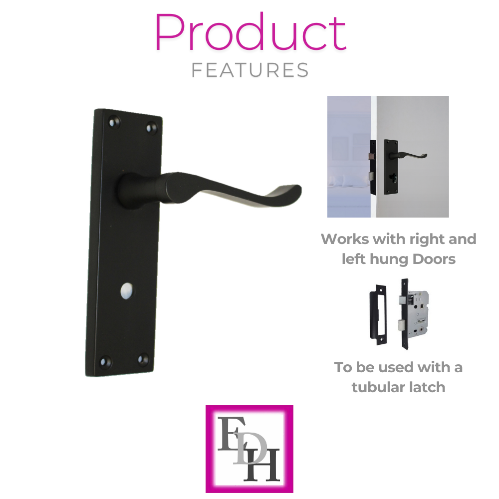 Matt Black Modern Victorian Scroll Bathroom Door Handles and Bath Lock - 1 Pair