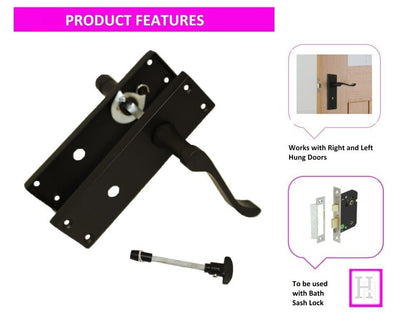 Matt Black Modern Victorian Scroll Bathroom Door Handles and Bath Lock 2 Pairs