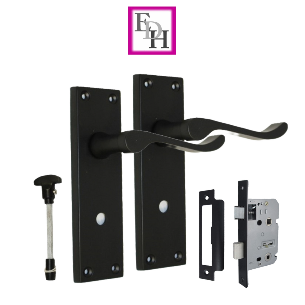 Matt Black Modern Victorian Scroll Bathroom Door Handles and Bath Lock 2 Pairs