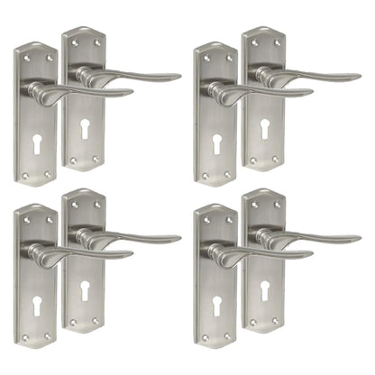 Premium Satin Nickel Internal Lock Door Handles with Long Back Plate and 3 Lever Mortise Sash Lock - Stellar Design, 4 Pairs of Lock Handles