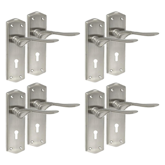 Premium Satin Nickel Internal Lock Door Handles with Long Back Plate and 3 Lever Mortise Sash Lock - Stellar Design, 4 Pairs of Lock Handles
