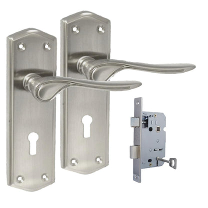 Premium Satin Nickel Internal Lock Door Handles with Long Back Plate and 3 Lever Mortise Sash Lock - Stellar Design, 1 Pair of Lock Handles + 3 Lever SASH Lock