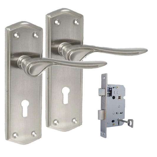 Premium Satin Nickel Internal Lock Door Handles with Long Back Plate and 3 Lever Mortise Sash Lock - Stellar Design, 1 Pair of Lock Handles + 3 Lever SASH Lock