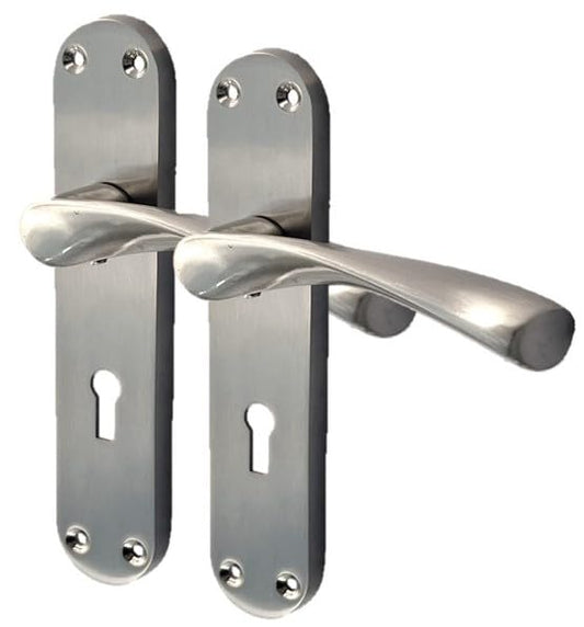 Epsom Door Handle Internal Satin Nickel Twist Door Handle Set, Interior Lock Lever on Long Back Plate,  Privacy Lockable Handle for Bathroom, Bedroom, Front Door