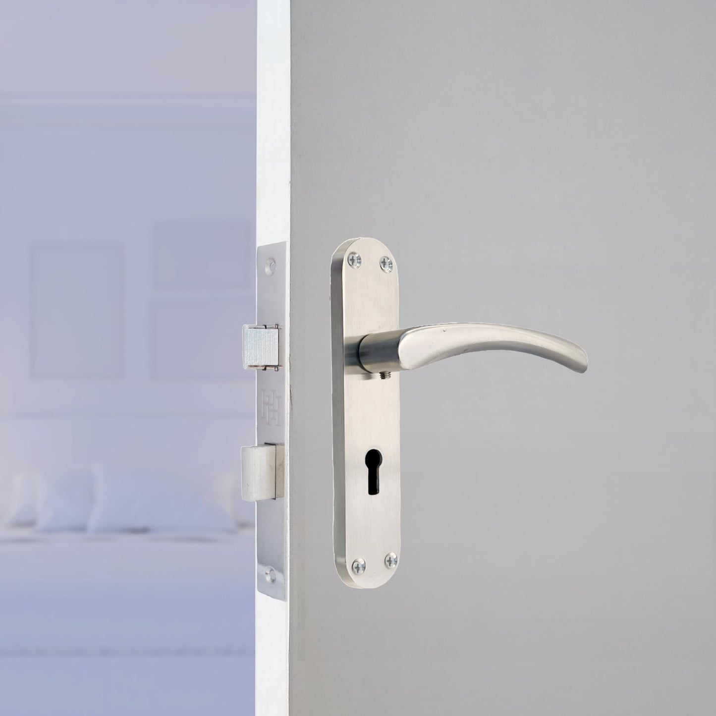 Epsom Door Handle Internal Satin Nickel Twist Door Handle Set and 3 Lever Sash Lock, Interior Lock Lever on Long Back Plate, Privacy Lockable Handle for Bathroom, Bedroom, Front Door.