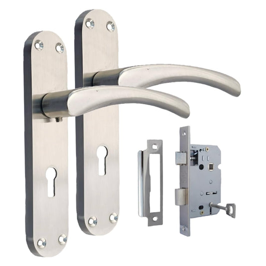 Epsom Door Handle Internal Satin Nickel Twist Door Handle Set and 3 Lever Sash Lock, Interior Lock Lever on Long Back Plate, Privacy Lockable Handle for Bathroom, Bedroom, Front Door.