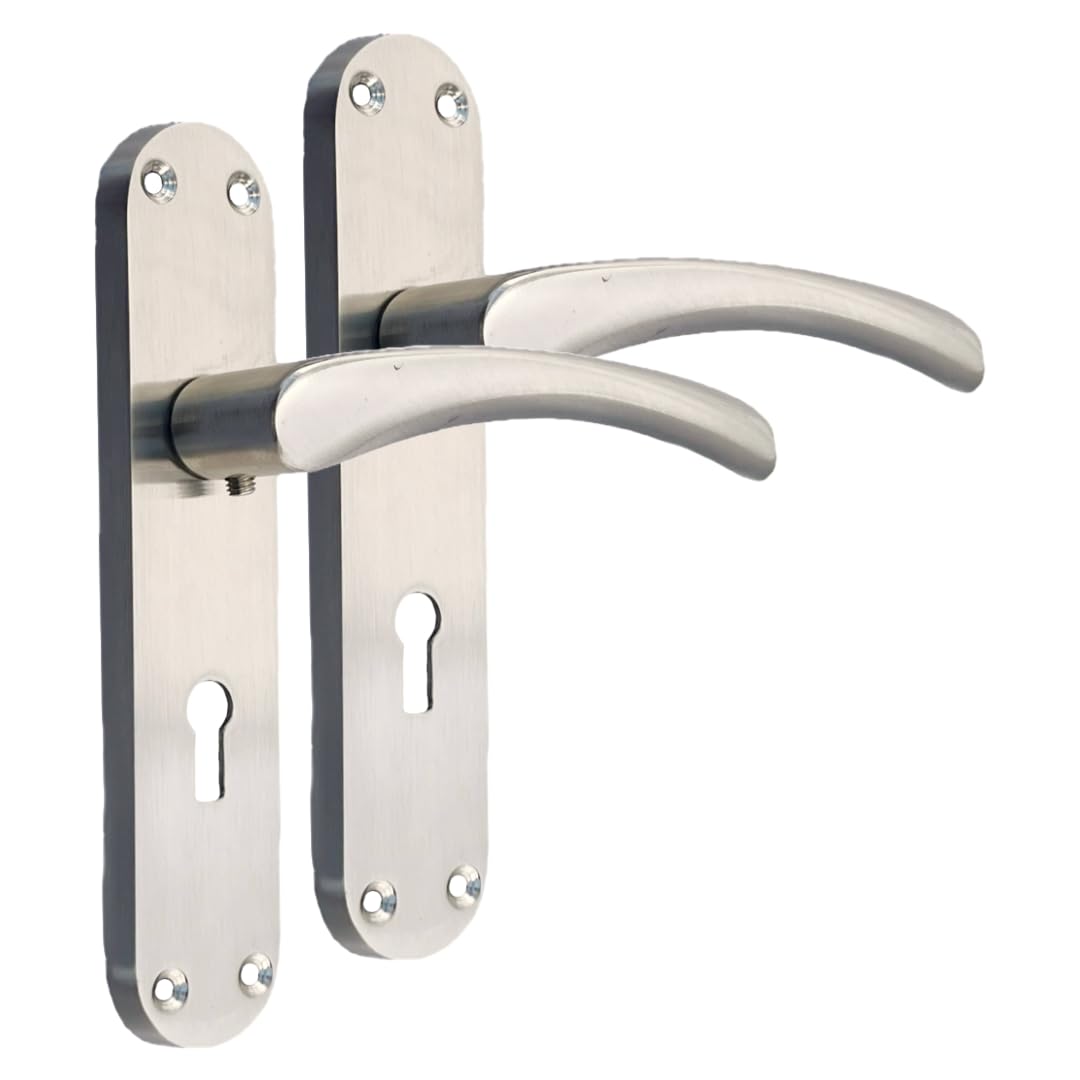 Epsom Door Handle Internal Satin Nickel Twist Door Handle Set and 3 Lever sash Lock, Interior Lock Lever on Long Back Plate, Privacy Lockable Handle for Bathroom, Bedroom, Front Door. 2 Sets