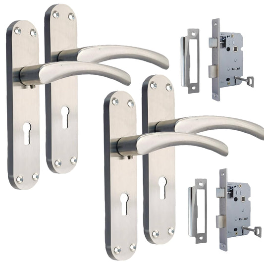 Epsom Door Handle Internal Satin Nickel Twist Door Handle Set and 3 Lever sash Lock, Interior Lock Lever on Long Back Plate, Privacy Lockable Handle for Bathroom, Bedroom, Front Door, 2 Sets