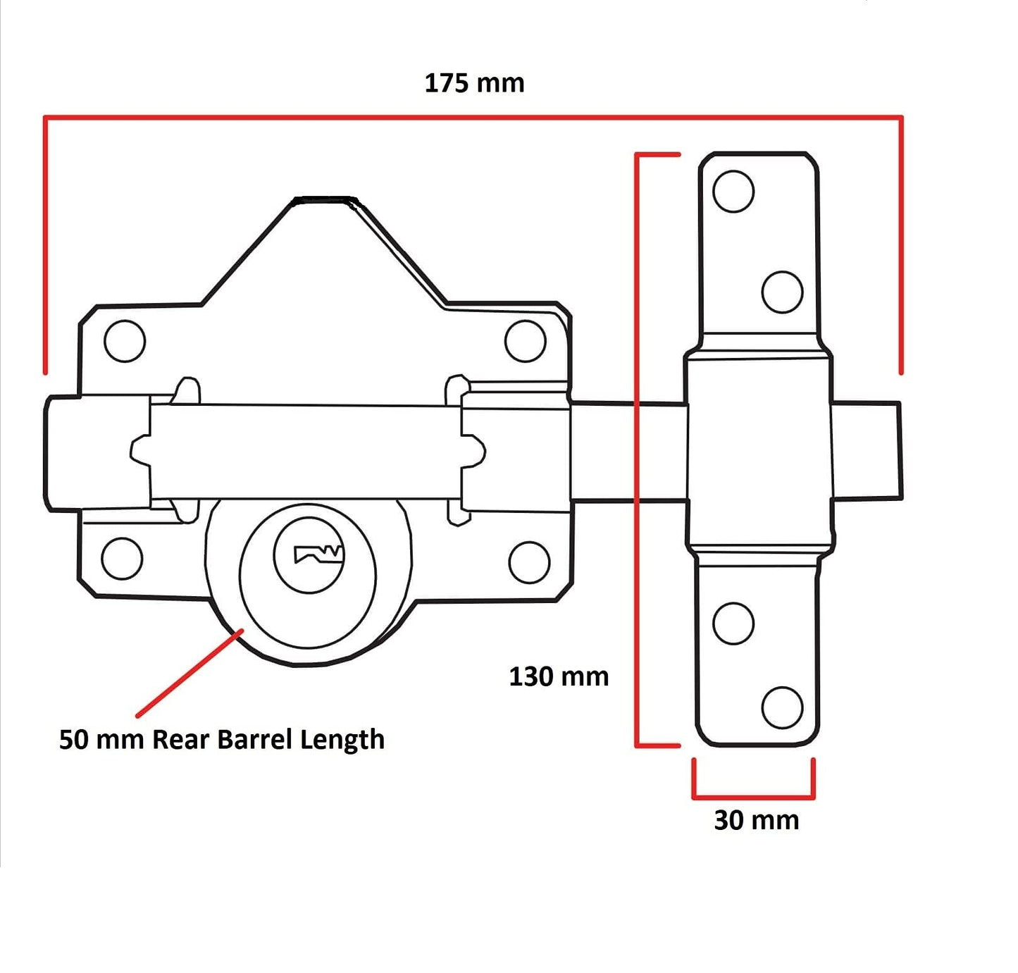 Haven Heritage 50mm Single Locking Long Throw Gate Cays Lock,Elongated Keep with Stainless Steel Bar