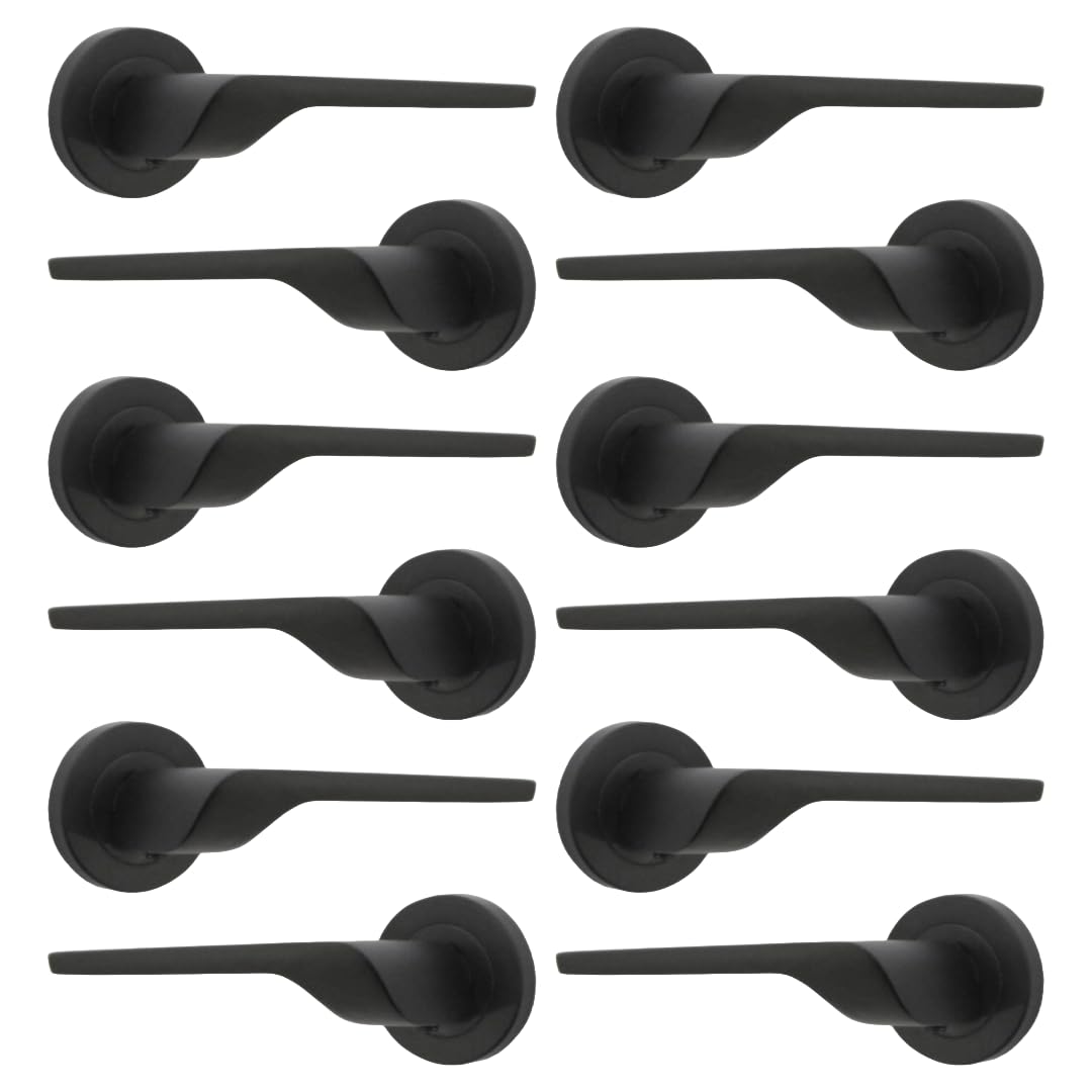 Modern Matt Black Lever on Rose Plate Door Handle Set – 6 Pairs, 52mm Round Rose Plate & 127mm Lever Handle – Contemporary Interior Door Hardware