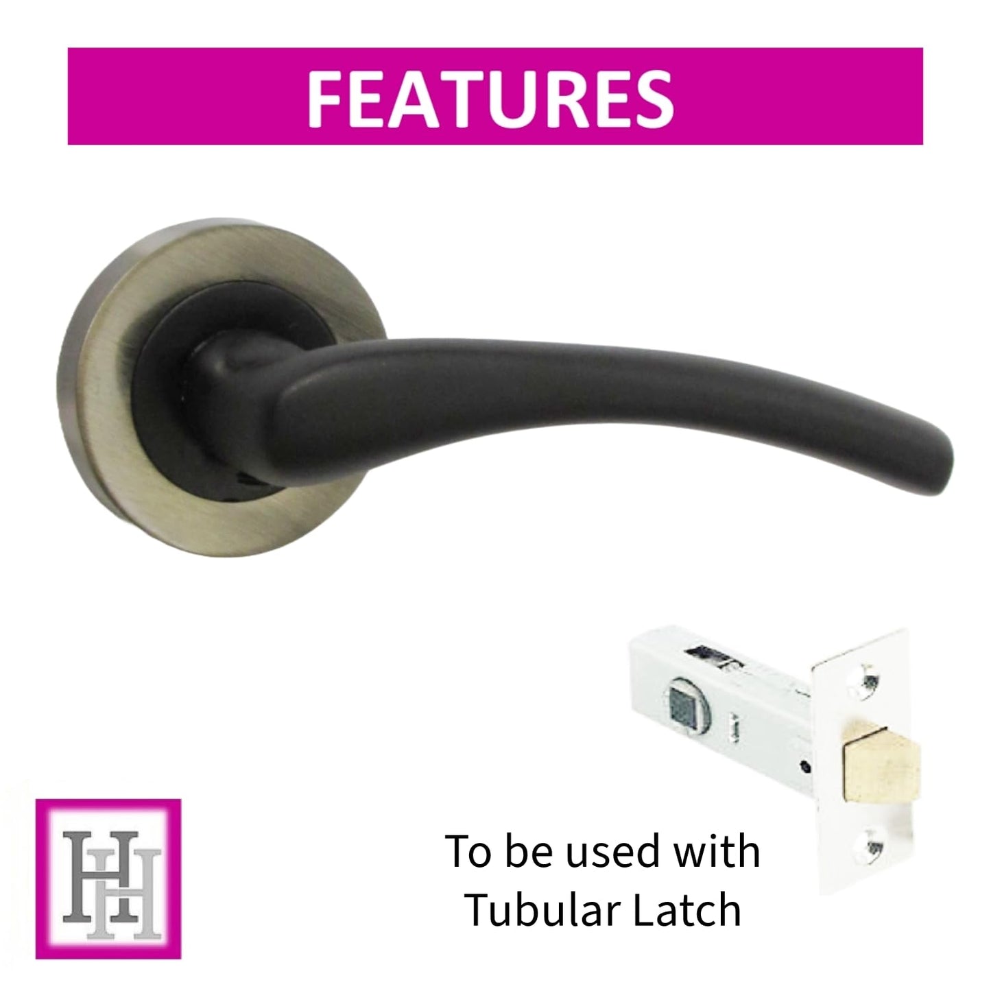 Zena Design Modern Matt Black Door Handles Internal & External Use - Black Matt Black Lever Latch with Antique Rose, 1 Pair and Matt Black Thumb Turn