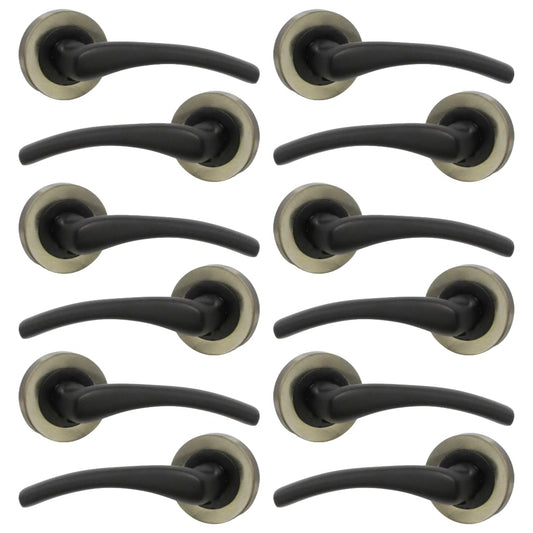 Zena Design Modern Matt Black Door Handles Internal & External Use - Black Matt Black Lever Latch with Antique Rose, 6 Pairs