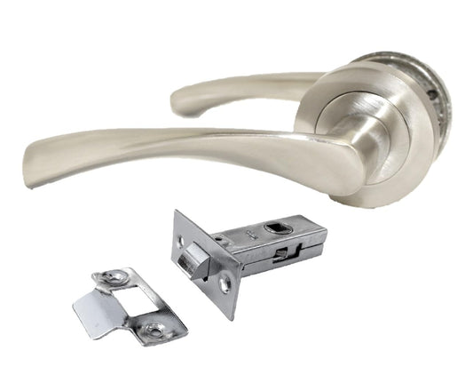 Epsom Door Handle Internal Satin Nickel Twist Door Handle Set, Interior Latch Lever on Rose, Door Handle Latch, Bedroom, Front Door, 1 Pair of Handles + Tubular Latch