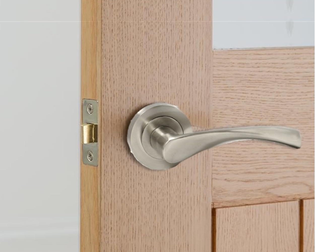 Epsom Door Handle Internal Satin Nickel Twist Door Handle Set, Interior Latch Lever on Rose, Door Latch Satin, Door Handle Latch, Bedroom, Front Door Pair (1 Pair of Handles + Tubular Latch)