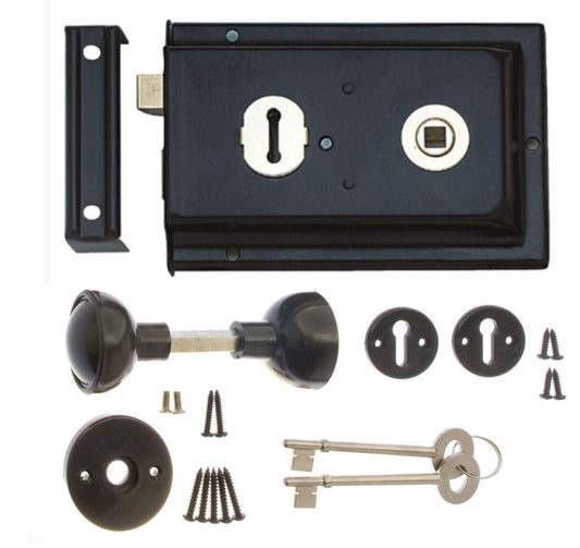 Rim Lock and Handle Set - Sash Lock, Shed Door Lock with Key - Gate Locks for Wooden Gates - Rim Locks for External Doors - Garden Gate Lock with Key, Rim Lock Door Knob Set 6 x 4