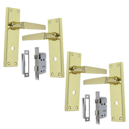 Brass Door Handles Interior Door Handles - Victorian Straight Lock Handles Brass Plated Door Handles, Door Handles Multipack, Door Handles (2 Pair of Bathroom Handles + Bathroom SASH Lock)