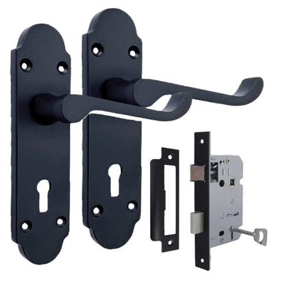 Epsom Door Handle - Matt Black Internal Door Handles -  Including 2 Bathroom Sash Lock, 170mm x 42mm