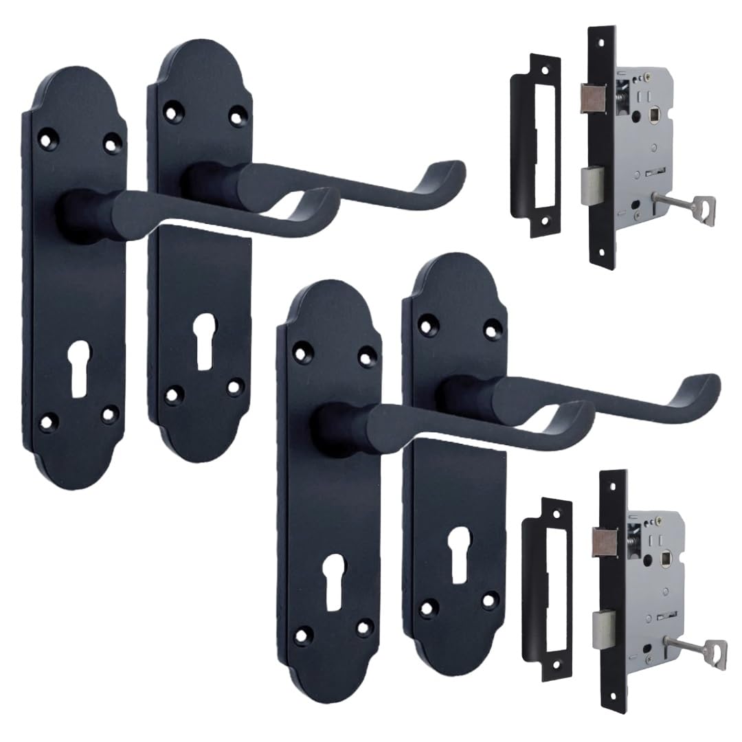 Epsom Door Handle - Matt Black Internal Door Handles -  Including 2 Bathroom Sash Lock, 170mm x 42mm