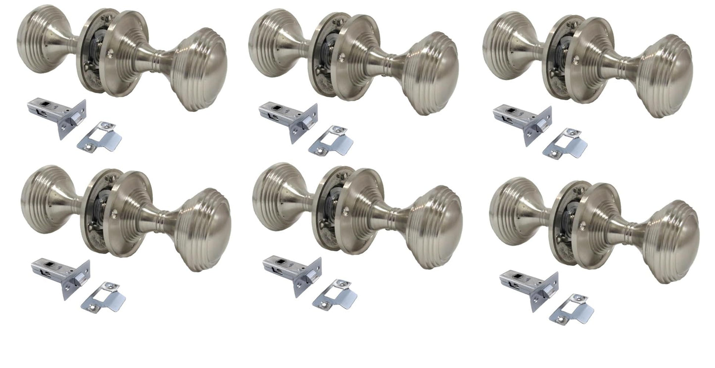 Queen Anne Reeded Mortice Door Knobs, Interior Door Knobs for Home, Round Internal Door Knob with Tubular Latch - Durable Satin Door Knobs (6 Pairs of KNOBS + Tubular Latch)