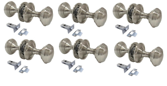 Queen Anne Reeded Mortice Door Knobs, Interior Door Knobs for Home, Round Internal Door Knob with Tubular Latch - Durable Satin Door Knobs (6 Pairs of KNOBS + Tubular Latch)
