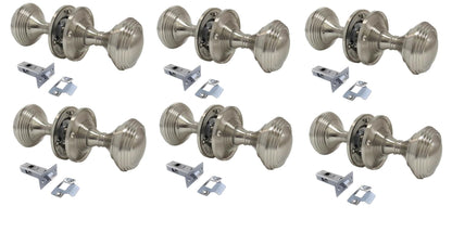 Queen Anne Reeded Mortice Door Knobs, Interior Door Knobs for Home, Round Internal Door Knob with Tubular Latch - Durable Satin Door Knobs (6 Pair of KNOBS + Tubular Latch)