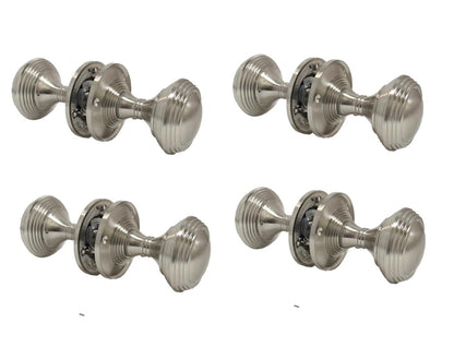 Queen Anne Reeded Mortice Door Knobs, Interior Door Knobs for Home, Round Internal Door Knob with Tubular Latch - Durable Satin Door Knobs (4 Pair of KNOBS)