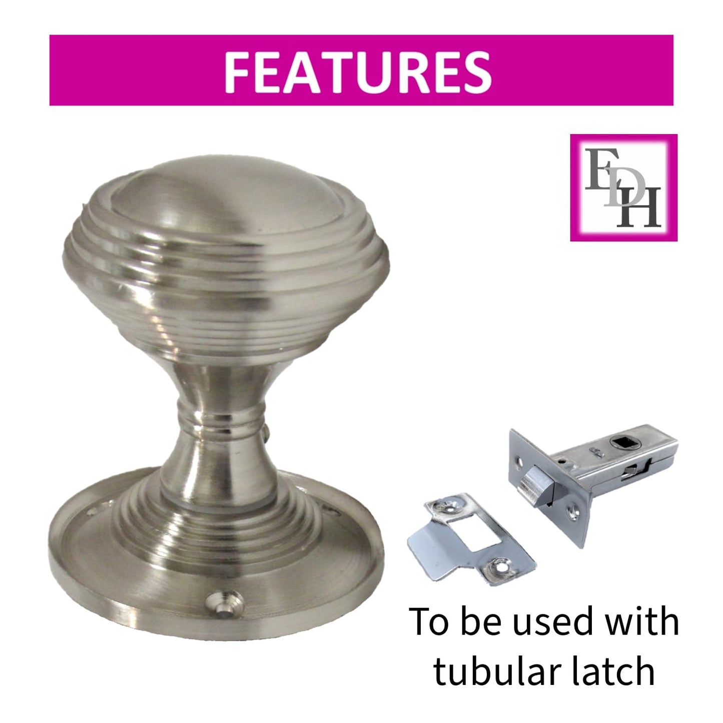 Queen Anne Reeded Mortice Door Knobs, Interior Door Knobs for Home, Round Internal Door Knob with Tubular Latch - Durable Satin Door Knobs (1 Pair of KNOBS + Tubular Latch)