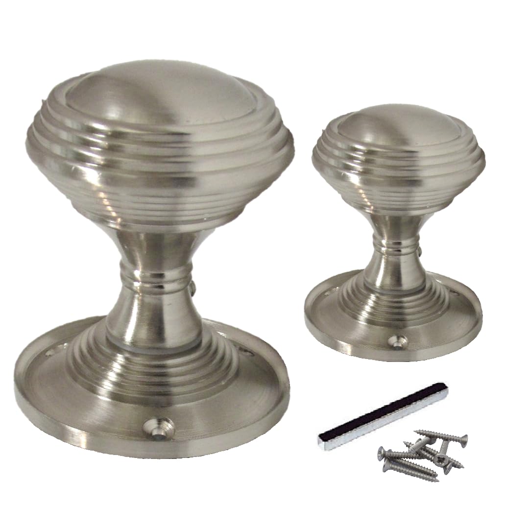 Queen Anne Reeded Mortice Door Knobs, Interior Door Knobs for Home, Round Internal Door Knob with Tubular Latch - Durable Satin Door Knobs (1 Pair of KNOBS + Tubular Latch)