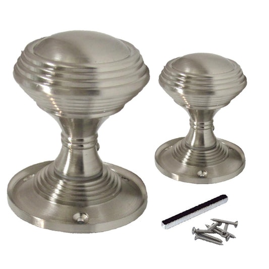 Queen Anne Reeded Mortice Door Knobs, Interior Door Knobs for Home, Round Internal Door Knob with Tubular Latch - Durable Satin Door Knobs (1 Pair of KNOBS + Tubular Latch)